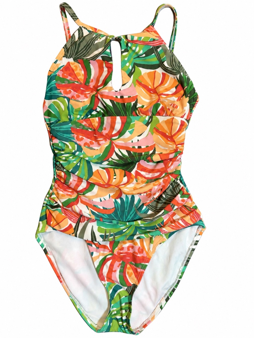 Ellen Tracy Women’s Size 6 Tropical Floral Ruched One Piece Swimsuit Keyhole